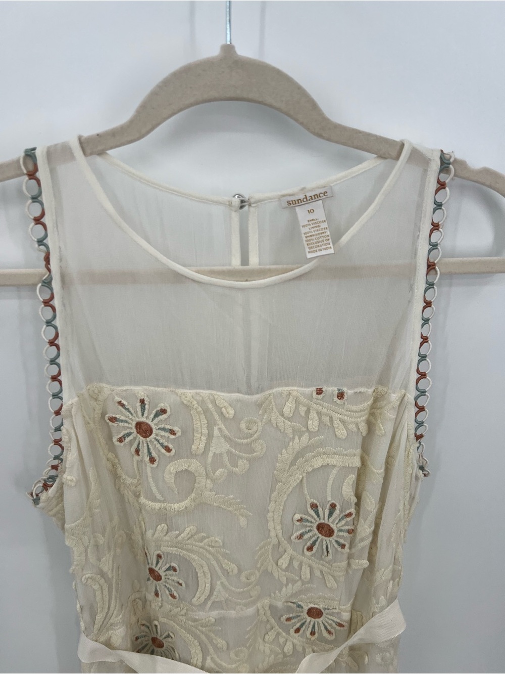 Sundance Cream Embroidered Midi Dress with Ribbon Tie - Picture 7 of 16